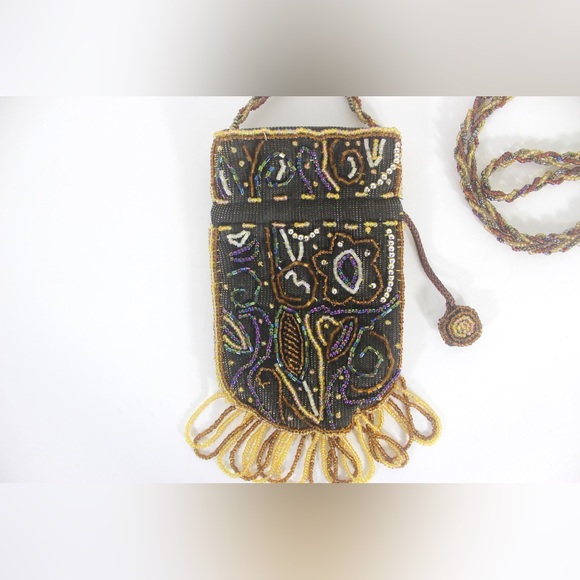 Small Vintage Beaded Crossbody Bag with Fringe, Card Holder Glasses Pouch - Picture 2 of 7